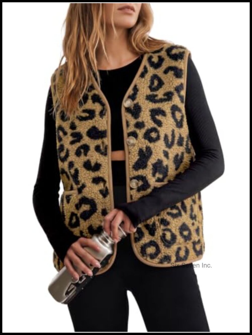 Sherpa Fleece Vest Sleeveless Button Front V-Neck Leopard Print
